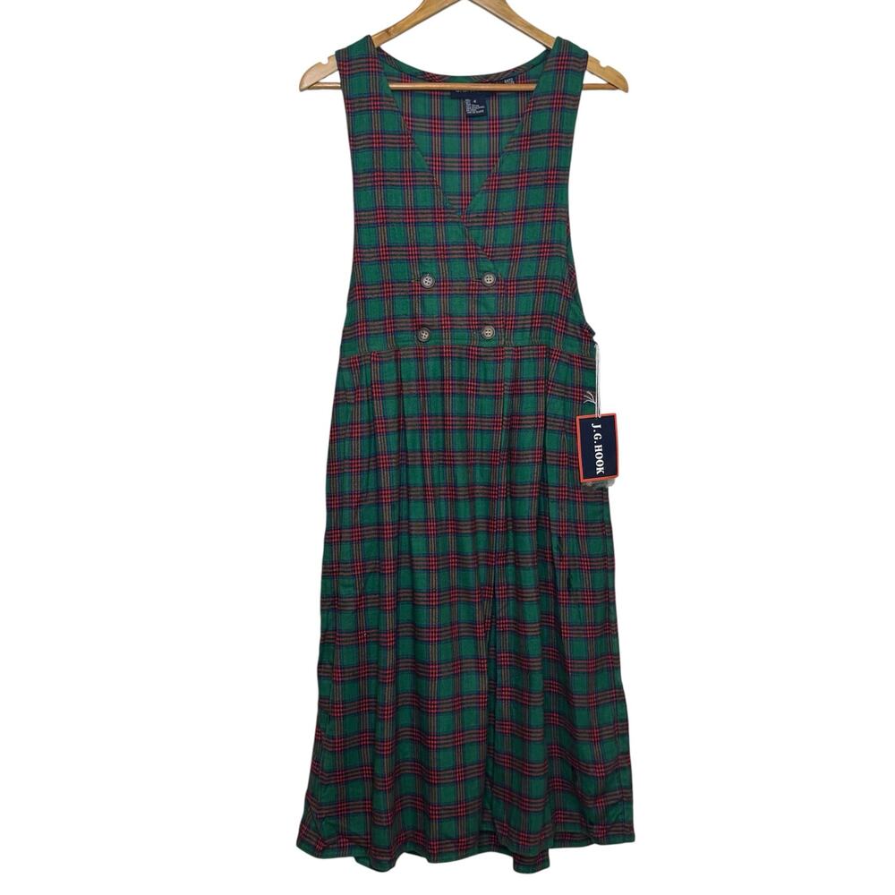 J.G. Hook Cotton Flannel Green Red Plaid Double Breasted Jumper Dress NWT